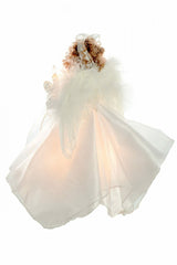 10" White Cloth Small 10-Light Angel Tree Topper with Brown Curly Hair
