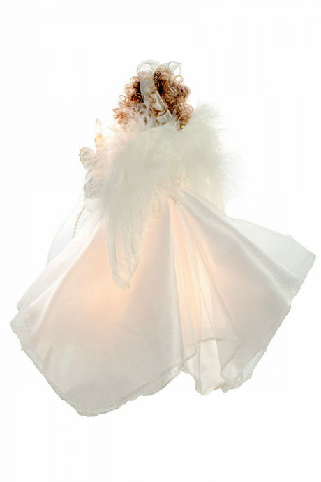 10" White Cloth Small 10-Light Angel Tree Topper with Brown Curly Hair