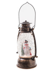 9.5" Slim Brown Plastic Oil Lantern LED Snow Globe with Snowman Family