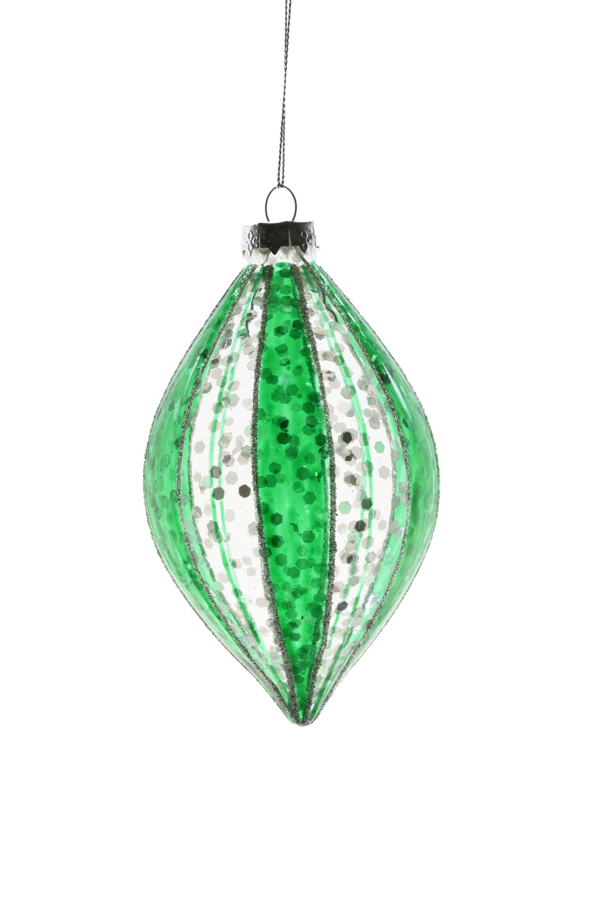 5.5"Hanging Clear and Green Glass Striped Drop Ornament