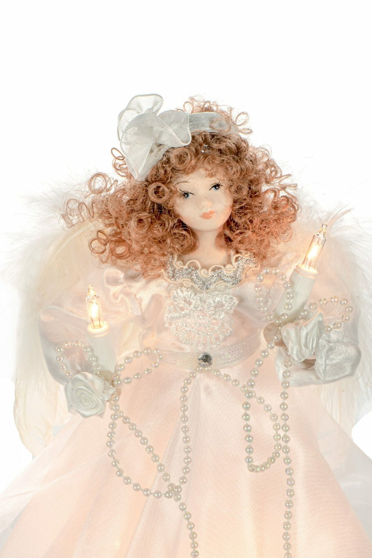 10" White Cloth Small 10-Light Angel Tree Topper with Brown Curly Hair