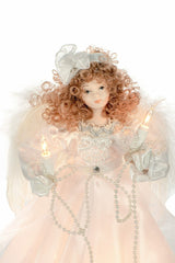 10" White Cloth Small 10-Light Angel Tree Topper with Brown Curly Hair