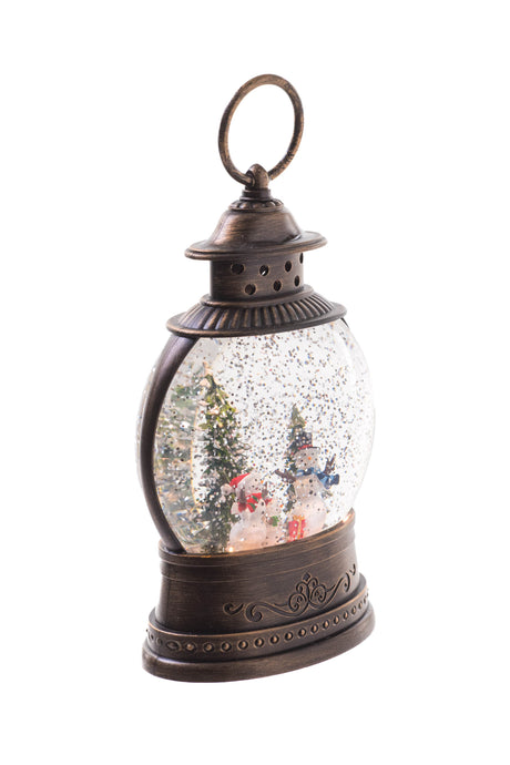 8" Oval Brown Plastic Lantern LED Snow Globe with Snowman-Scape