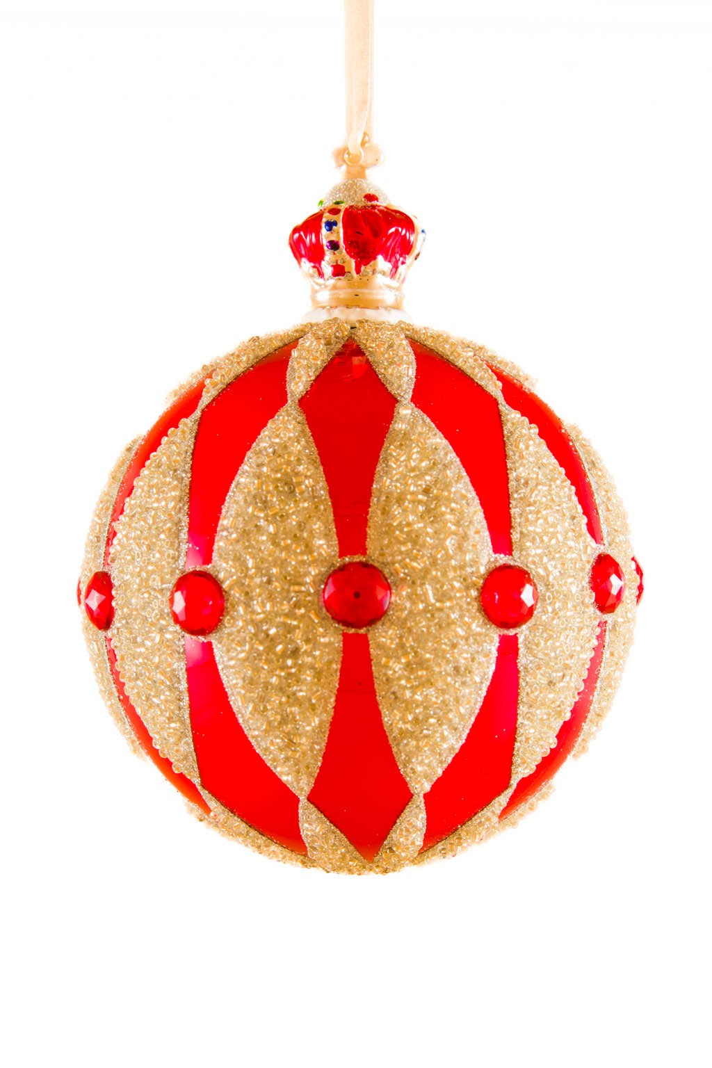 7" Hanging Sequin Red and Silver Glass Royal Ball Ornament