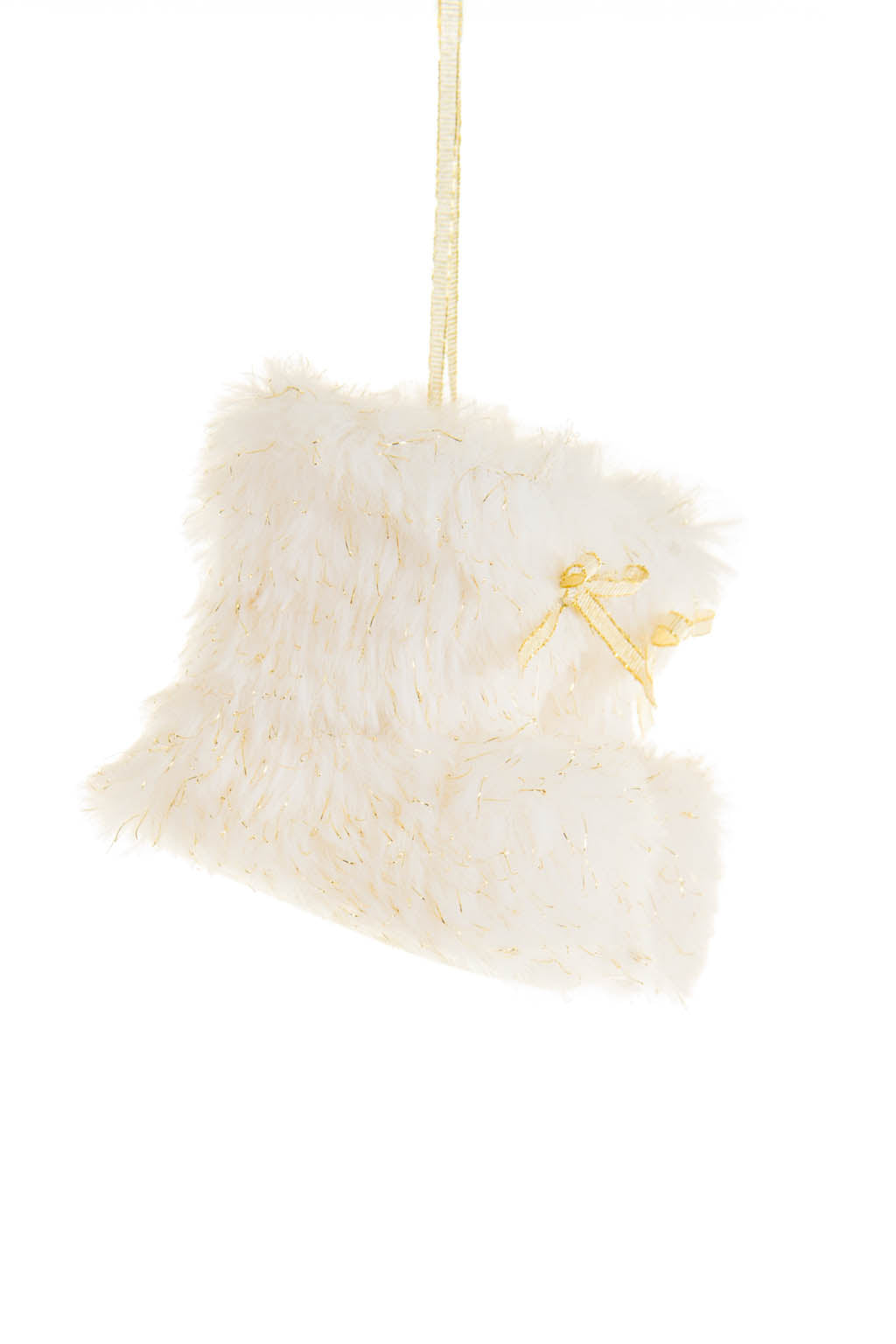 4" Hangable Sparkly White Feathered Furry Boots Ornament with Gold Ribbon