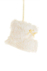 4" Hangable Sparkly White Feathered Furry Boots Ornament with Gold Ribbon