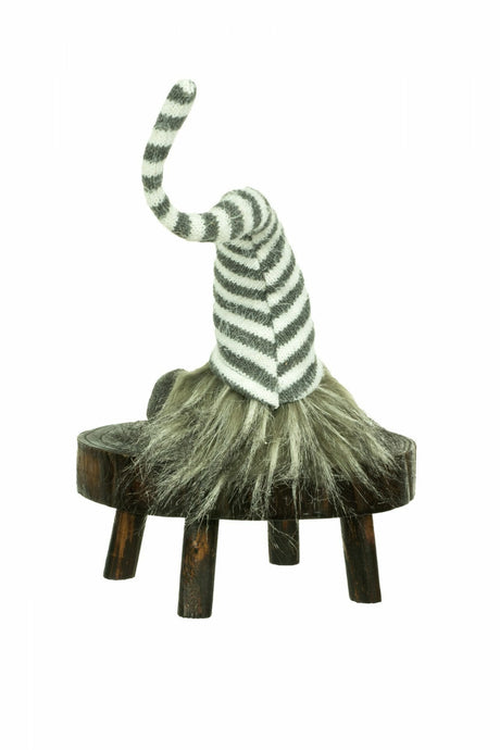 10" Sitting Gray and White Cloth Gnome with Striped Hat