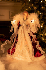 14" Red and White Cloth Modern 10-Light Angel Tree Topper with Fluffy White Wings