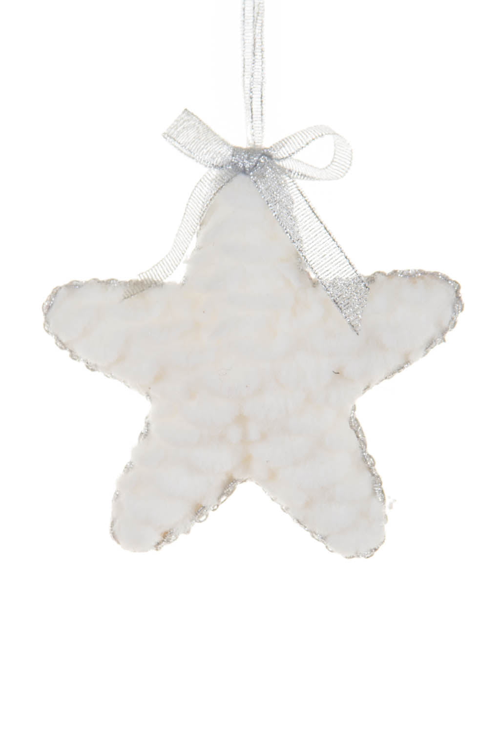 5" Hanging White and Silver Cloth Fuzzy Star Ornament with Sparkly Wrapping