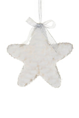 5" Hanging White and Silver Cloth Fuzzy Star Ornament with Sparkly Wrapping