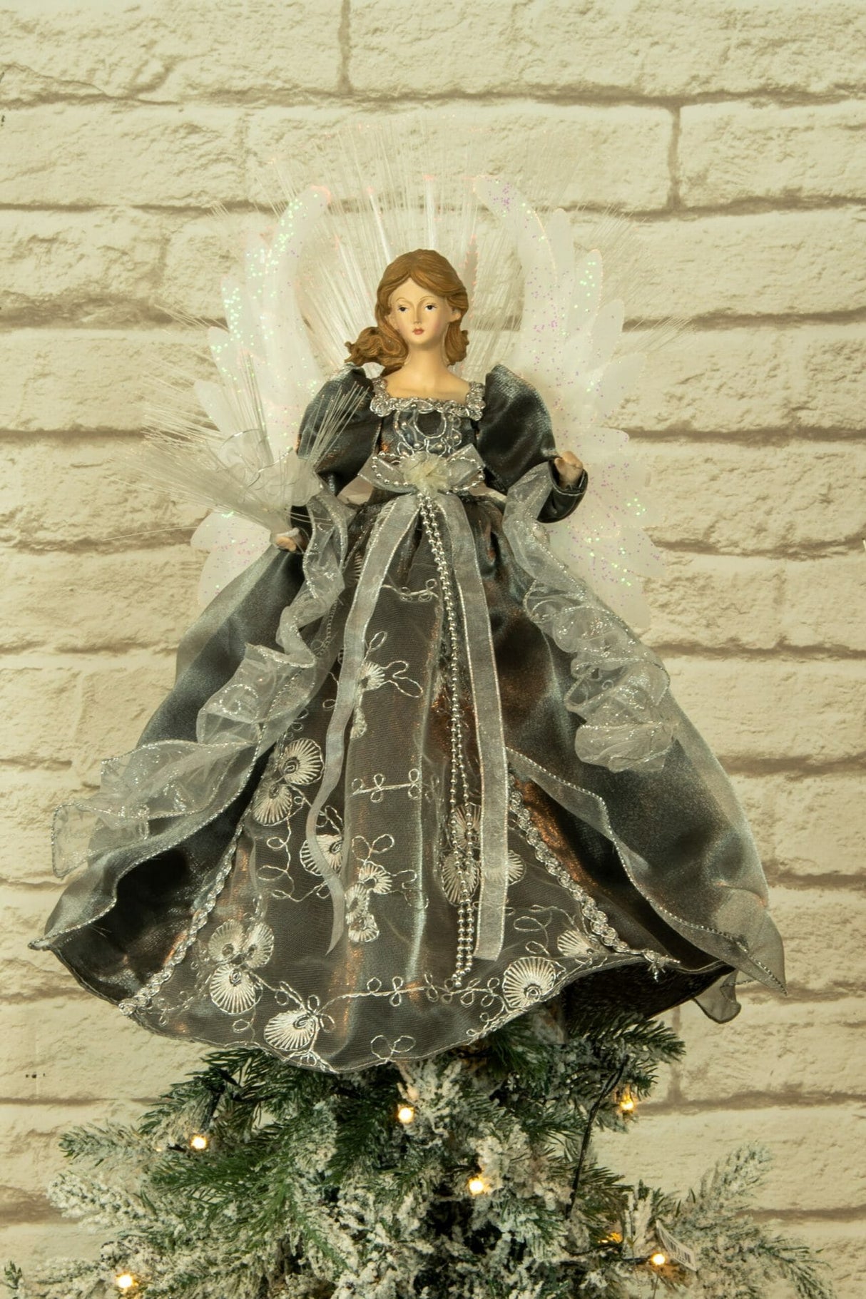 18" Silver and Gray Cloth Large Modern Fiber Optic Angel Tree Topper