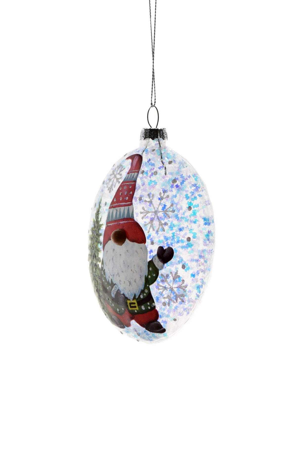 4"Flat Hanging Clear Glass Ball Ornament with Gnome and Candy Cane