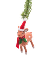6" Hanging Brown Polylon Doe Ornament with Christmas Cap