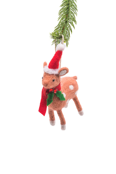 6" Hanging Brown Polylon Doe Ornament with Christmas Cap