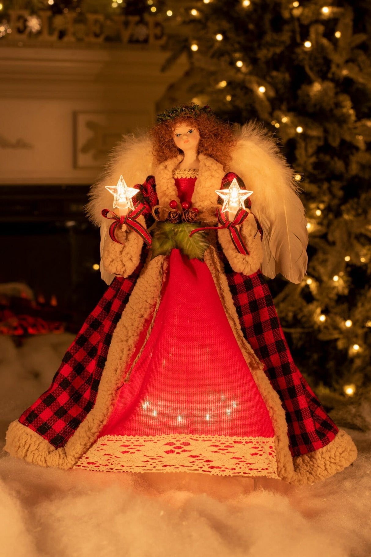 14" Red and Black Cloth Brown Hair 10-Light Angel Tree Topper with Laurel Wreath
