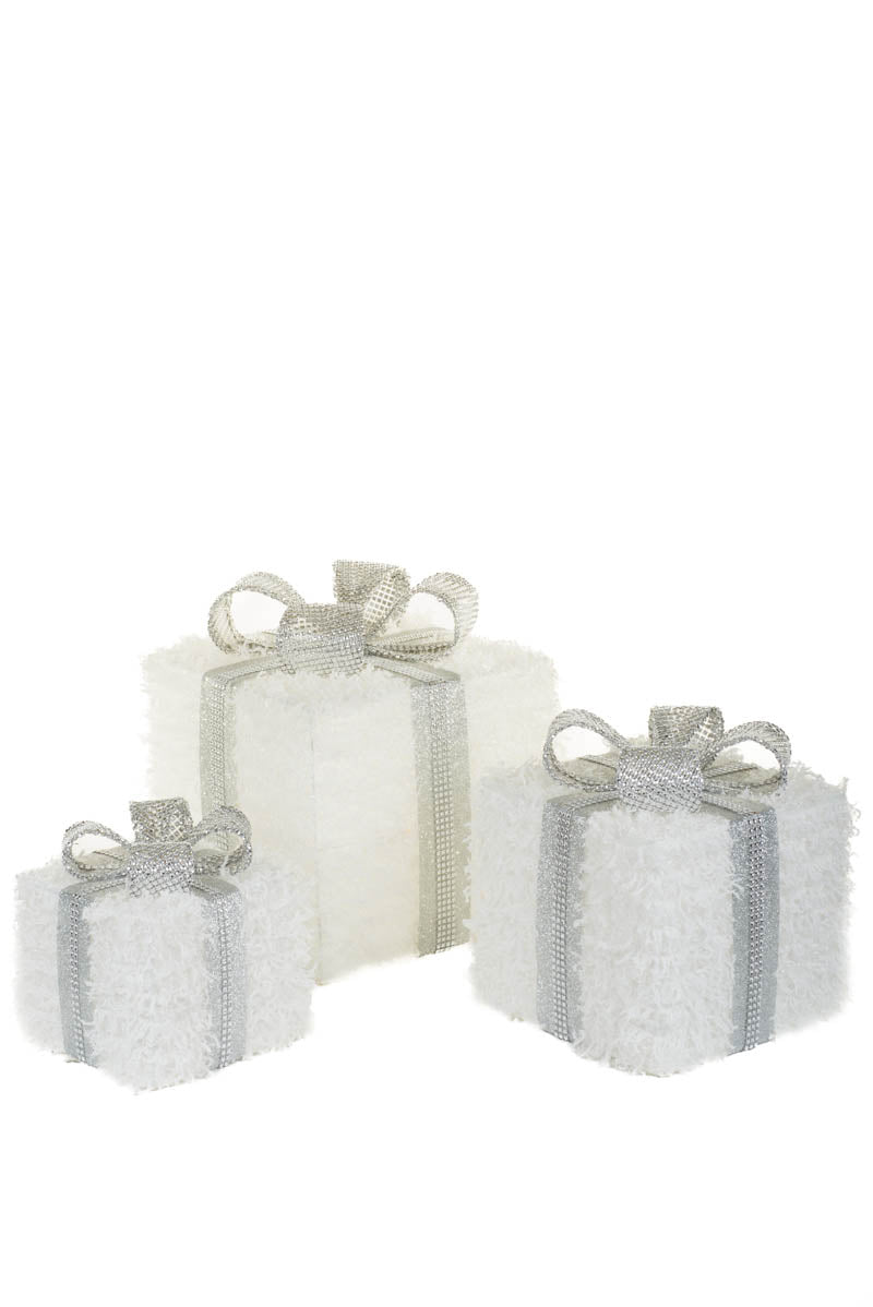 11.75" Set of 3 White and Silver Fabric Gift Boxes Warm White LED Accent