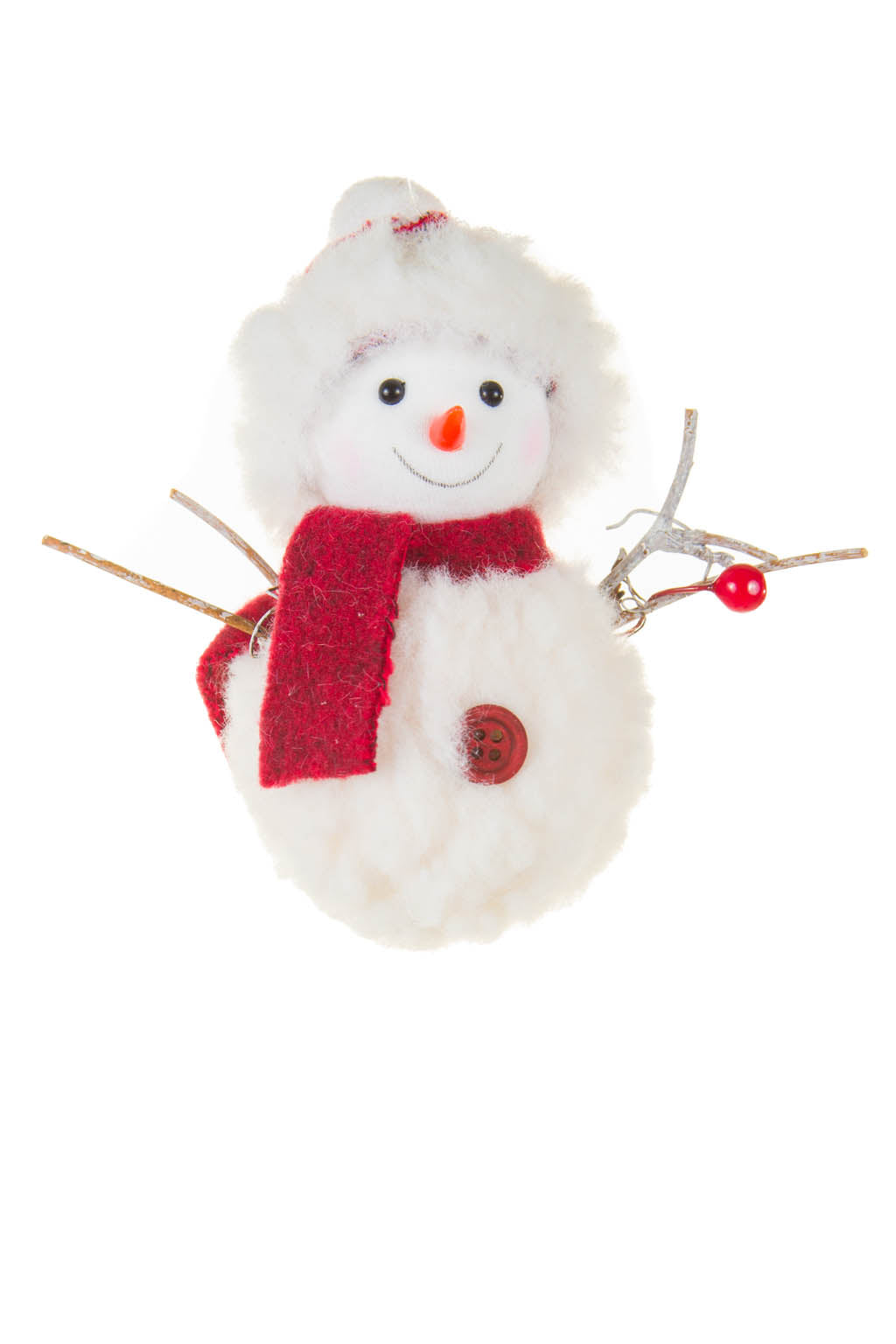 4.5" Hanging White and Red Cotton Snowman Ornament with Wool Scarf