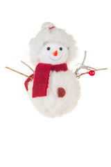 4.5" Hanging White and Red Cotton Snowman Ornament with Wool Scarf