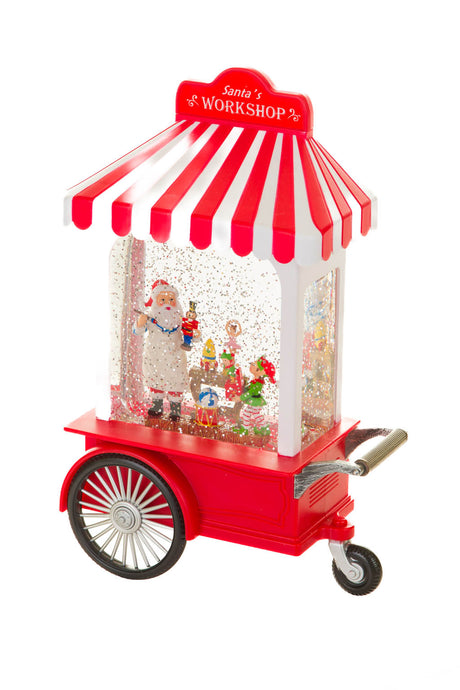 27" Candycane Red and White Plastic Santa's Workshop Cart Warm White LED Snow Globe with Toymakers