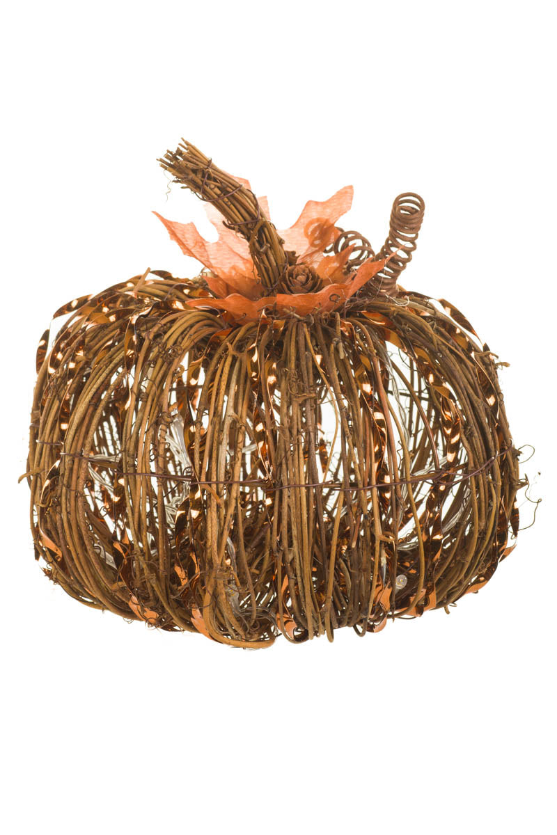 8" Brown and Bronze Rattan Pumpkin Warm White LED Figurine