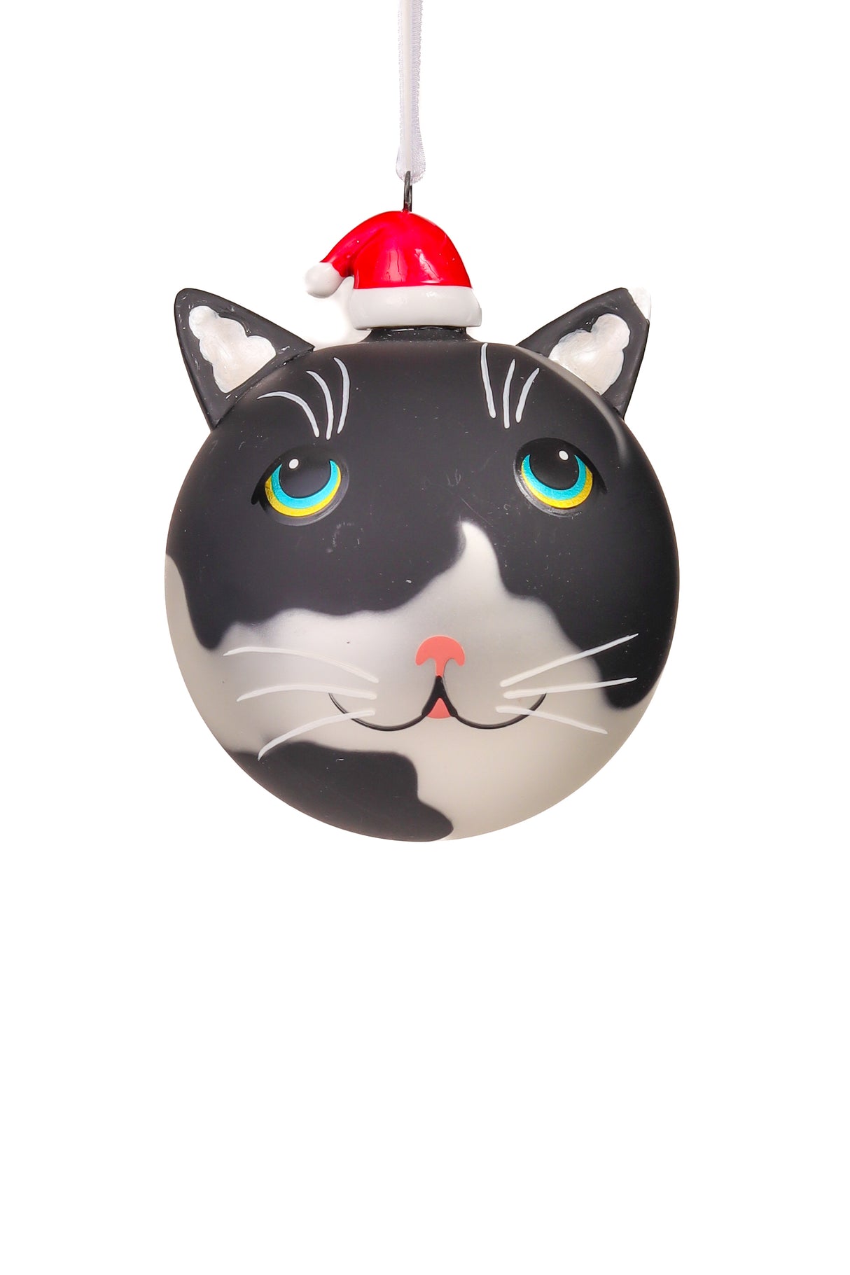 3.9" Hanging Metallic Black and Silver Porcelain Cat Ornament with Glimmering Eyes