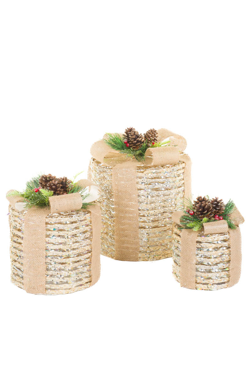 12.25" Set of 3 Circular Cream and Silver Sisal Rope Gift Box Warm White LED Accents with Pinecones
