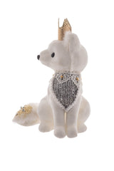 7.5" Ornamental White and Gold Cloth Fox Figurine with Crown