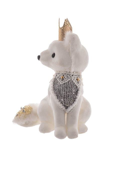 7.5" Ornamental White and Gold Cloth Fox Figurine with Crown