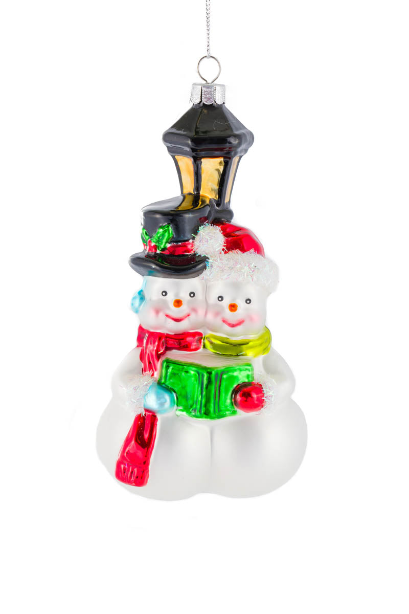 6" Hanging Matte White Glass Caroling Snowmen Ornament with Lamp Post