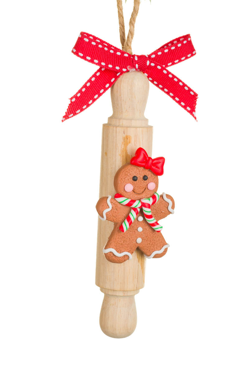 5.5" Brown Wooden Rolling Pin Ornament with Gingerbread Man