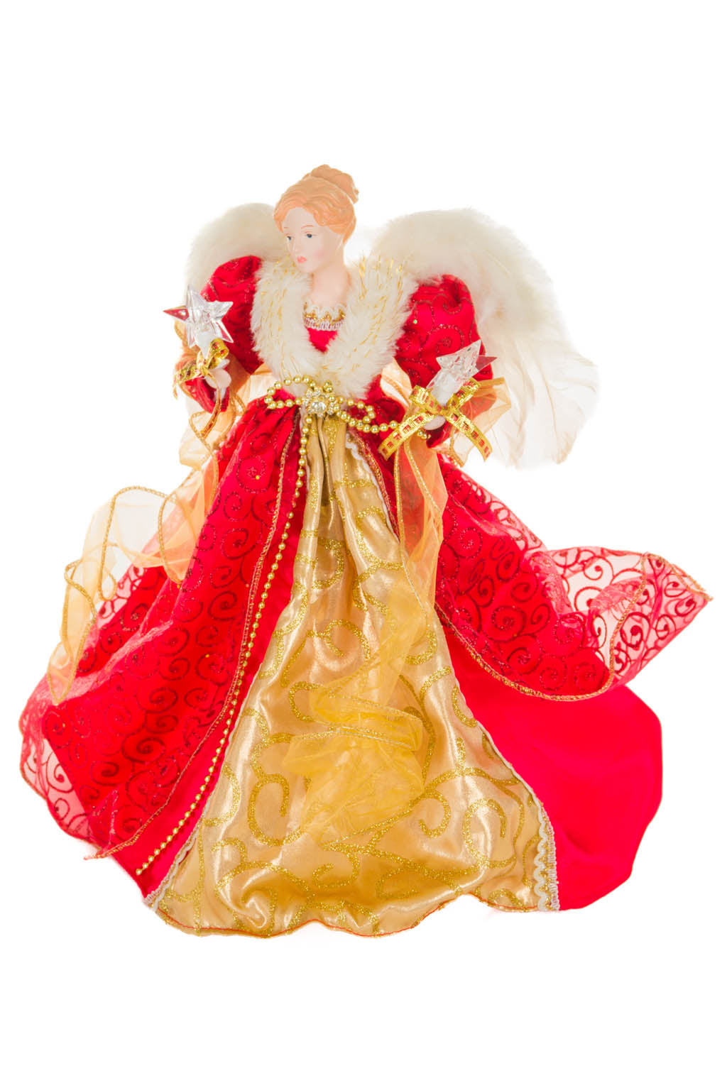 15"Red and Gold Polyester Elegant Warm White LED Angel Tree Topper with Glowing Stars