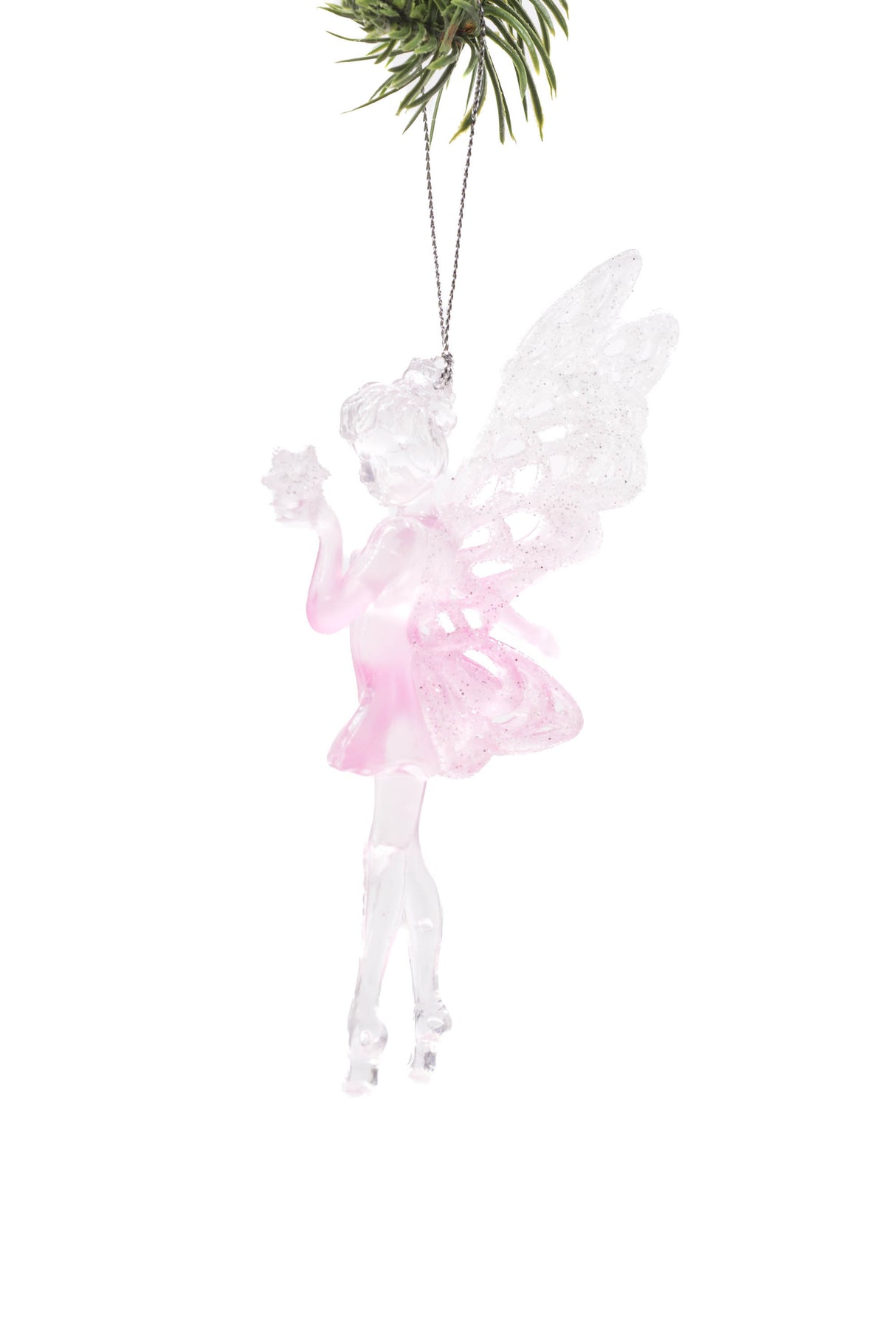 4.5" Hanging Clear and Pink Plastic Fairy Ornament with Glittering Wings