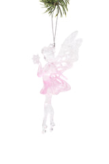 4.5" Hanging Clear and Pink Plastic Fairy Ornament with Glittering Wings