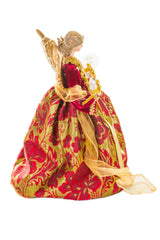 15" Sequin Red and Gold Polyester Luxurious Warm White LED Angel Tree Topper with Golden Accents