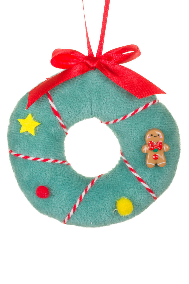 4" Hanging Blue Fabric Donut Wreath Ornament with Candycane String