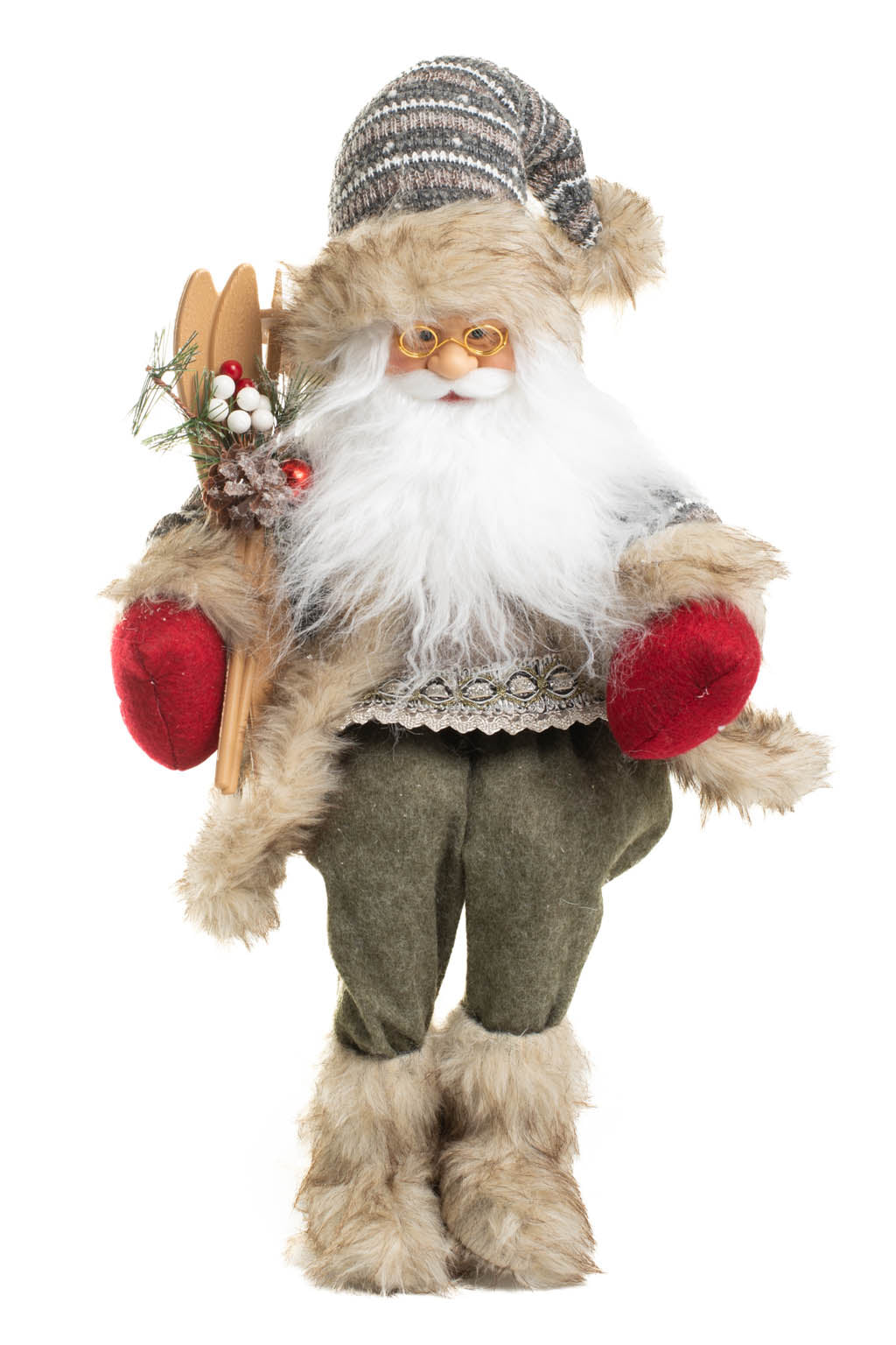 18" Sitting Striped White and Gray Knitted Alpine Santa Figurine with Skis