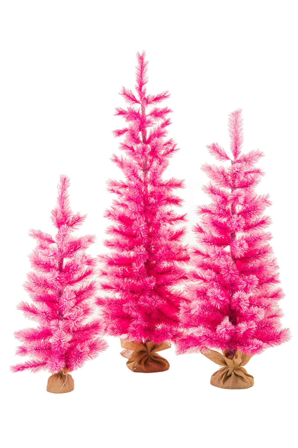 61" Set of 3 Frosted Flocked Pink Pvc Christmas Trees with Burlap Wrapped Base