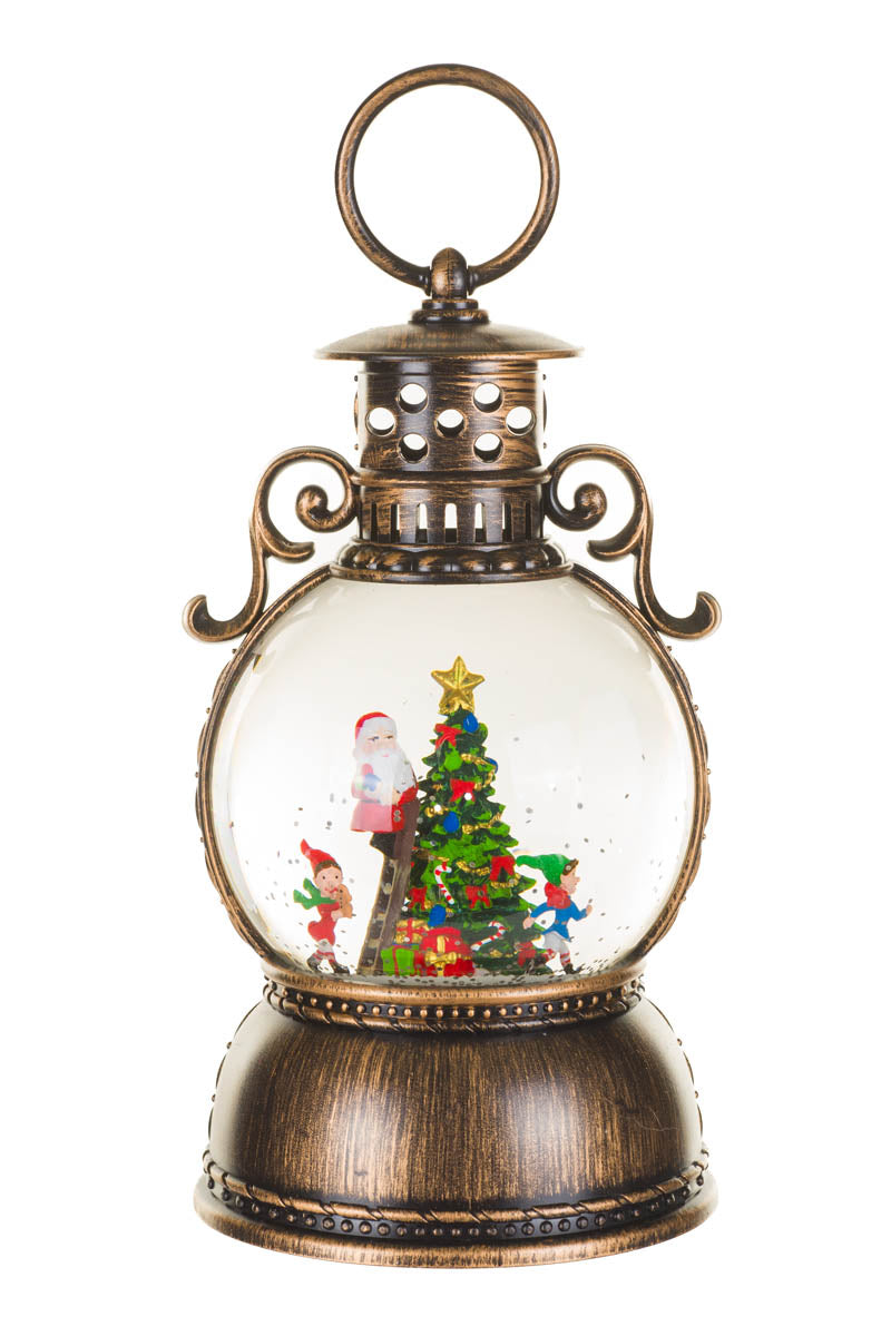 8" Musical Bronze Plastic Lantern Warm White LED Snow Globe with Santa's Tree and Swirling Glitter