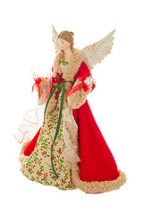 17" Large Red and Beige Cotton Chic Warm White LED Angel Tree Topper with Glowing Stars
