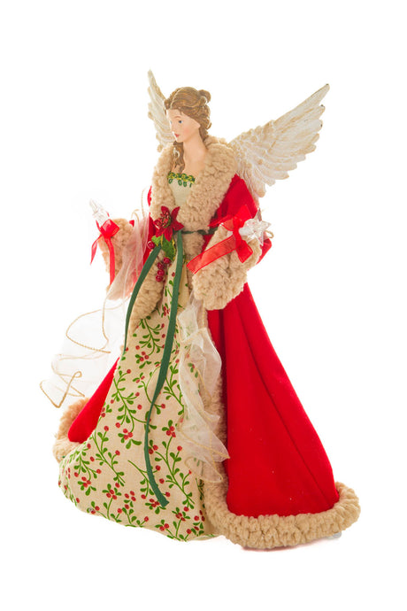 17" Large Red and Beige Cotton Chic Warm White LED Angel Tree Topper with Glowing Stars