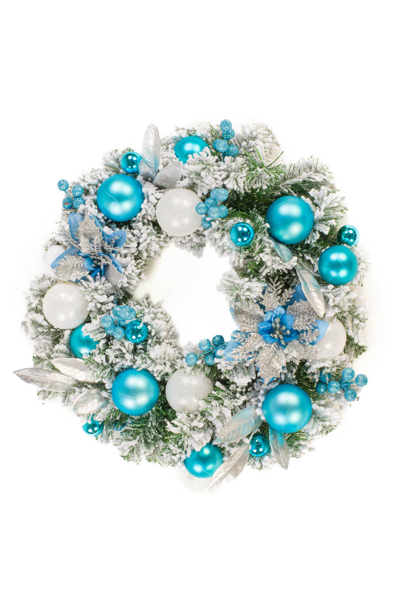 16" Frosted Hanging Blue and Silver Plastic Snow Forest Wreath with Flowers