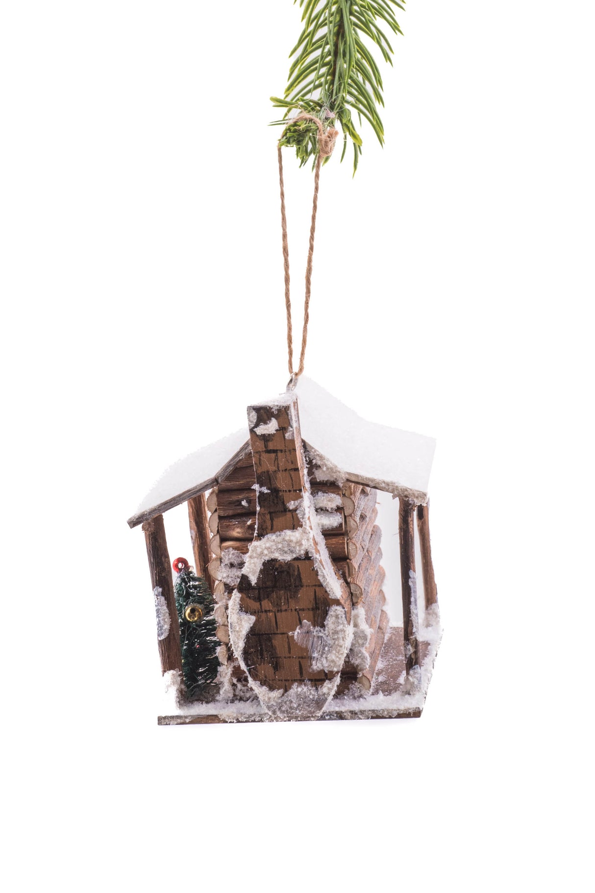 4" Hanging Brown and White Wooden Cabin Illuminated Ornament with Christmas Tree