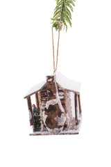 4" Hanging Brown and White Wooden Cabin Illuminated Ornament with Christmas Tree