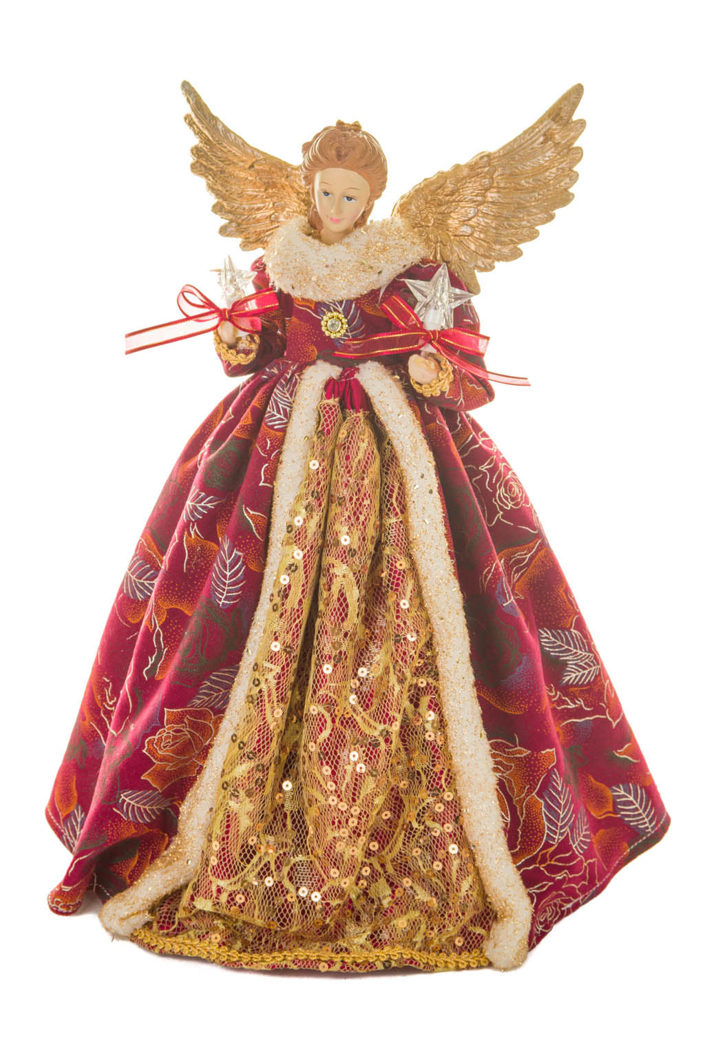 15" Floral Burgundy and Gold Cotton Monarchical Warm White LED Angel Tree Topper