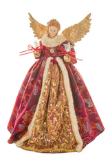 15" Floral Burgundy and Gold Cotton Monarchical Warm White LED Angel Tree Topper