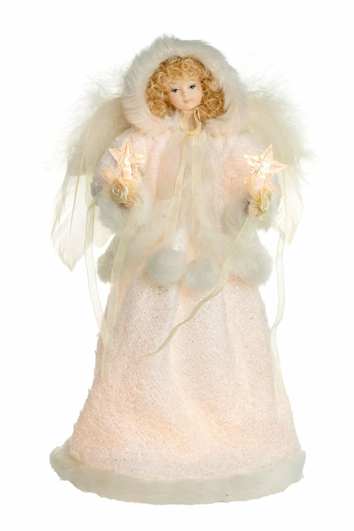 15" Ivory Cloth Hooded 10-Light Angel Tree Topper with Blonde Curly Hair