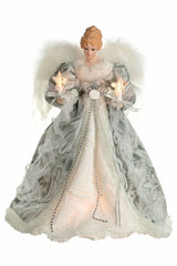 14" Silver and White Cloth Vintage 10-Light Angel Tree Topper with White Fluffy Wings