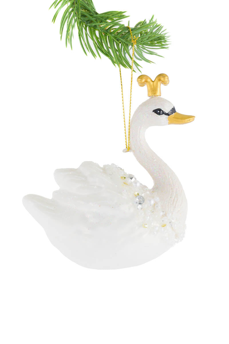 4.5"Hanging White Glass Swan Ornament with Crown