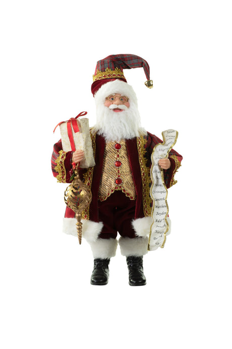 18" Red and Gold Cloth Fancy Santa Figurine with Nice List