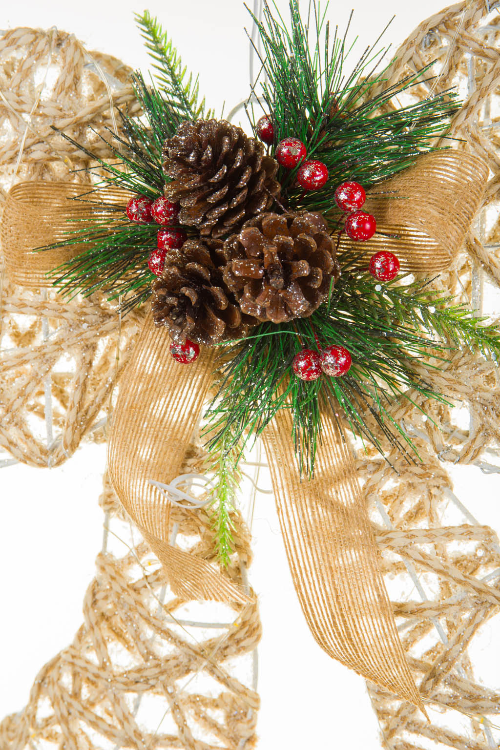 15" Hanging Beige and Green Cotton Rope Mache Luminant Warm White LED Christmas Star